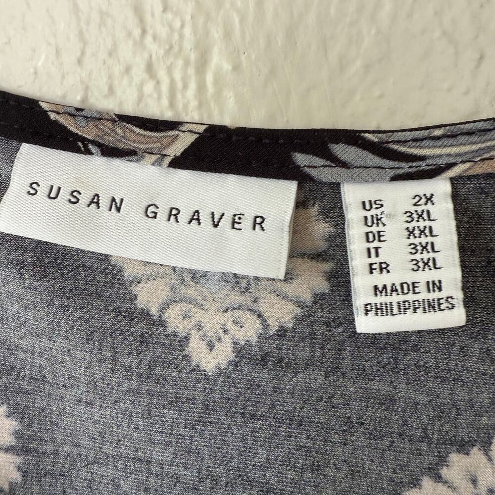 Susan Graver Liquid Knit V-neck tank top black and tan paisley pattern size 2X - Picture 2 of 9